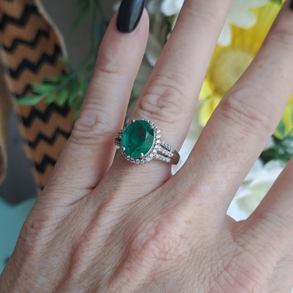 Emeraldine Quartz (Triplet) With Natural White Zircon Accented Triple Shank Ring